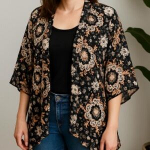 Loralette Womens Plus Size 2x Cover Up Kimono•Blk/wht/orange Paisley Print•EUC